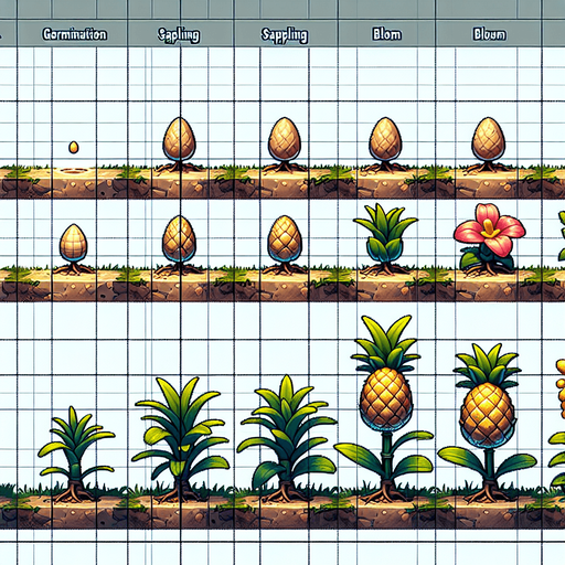 A spritesheet showing a pineapple plant in various stages of germantion, from seed over sapling, to bloom and to full grown plant, and then the ripe fruit. The sprites should be laid out in a rectangular grid with blank space between them.. Single Game Texture. In-Game asset. 2d. Blank background. High contrast. No shadows..
Single Game Texture. In-Game asset. 2d. Blank background. High contrast. No shadows.