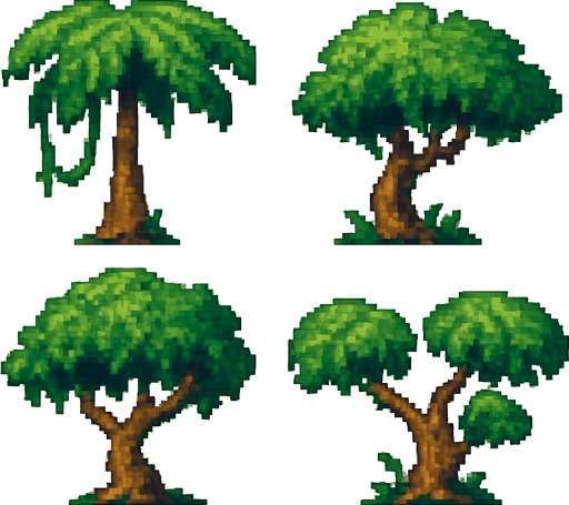 Generame arboles pixelar, de jungla, en fondo balnco.
In-Game asset.  2d.  High contrast.  No shadows