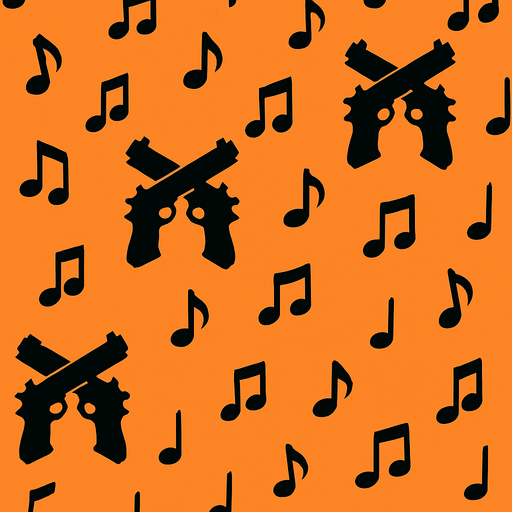 Make a wallpaper that features small music notes and guns. The image should look good for the game and not appear pixelated..
In-Game asset.  2d.  High contrast.  No shadows