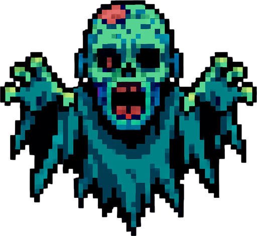 Um fantasma zumbi voador, arte pixel, vista aerea frontal.
In-Game asset.  2d.  High contrast.  No shadows