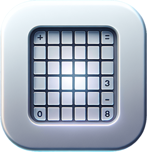 A square app store icon with rounded edges, featuring a sleek and minimalistic Sudoku-inspired design. The icon showcases a simplified 3x3 section of a Sudoku grid in the center, with clean, thin lines dividing the squares. The background features a gradient of soft gray and white, subtly transitioning to create depth and a polished look. Around the edges, a faint glow or highlight enhances the modern and futuristic aesthetic. The design remains clean and user-friendly, with light accents that give the grid a crisp, high-tech feel while maintaining a minimalist aesthetic..
Single Game Texture. In-Game asset. 2d. Blank background. High contrast. No shadows.