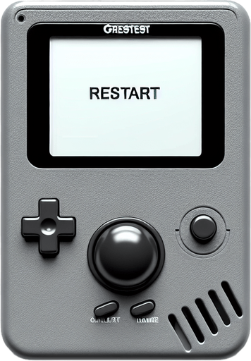 photorealistic black colored round button with restart text on grey gameboy, front view