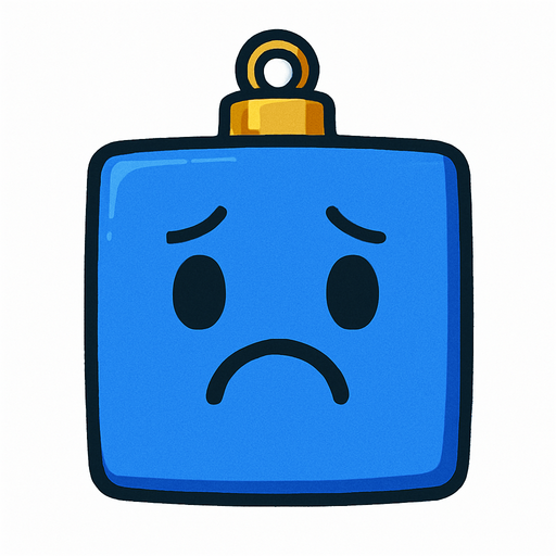 a sad Perfectly square bright cobalt blue Christmas decoration with cute happyy face. Cartoon style. Cute art style. Simple vector style. No Shadows Single Game Texture. In-Game asset. 2d. Blank background. High contrast. No shadows..
In-Game asset.  2d.  High contrast.  No shadows