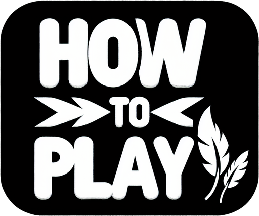 A white SVG with big bold letters, that says “How to play”. A couple black feathers flying off the edge of the word. Single Game Texture.  In-Game asset.  2d.  Blank background.  High contrast.  No shadows