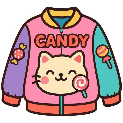 cute candy cat design jacket top view..
In-Game asset.  2d.  High contrast.  No shadows