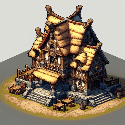 An Inn in a RTS fantasy style Single Game Texture. In-Game asset. 2d. Blank background. High contrast. No shadows.