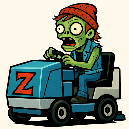 Un zombi con piel verdosa y pálida, cabello rojizo despeinado y un gorro de lana rojo. Viste un chaleco de mezclilla sin mangas sobre una camiseta negra y pantalones de mezclilla. Está sentado en un vehículo de mantenimiento de hielo azul y gris, similar a una Zamboni, con una gran "Z" roja en el frente. El vehículo tiene ruedas pequeñas y negras, y el Zomboni lo conduce con una expresión de asombro y determinación, con la boca abierta..
In-Game asset.  2d.  High contrast.  No shadows