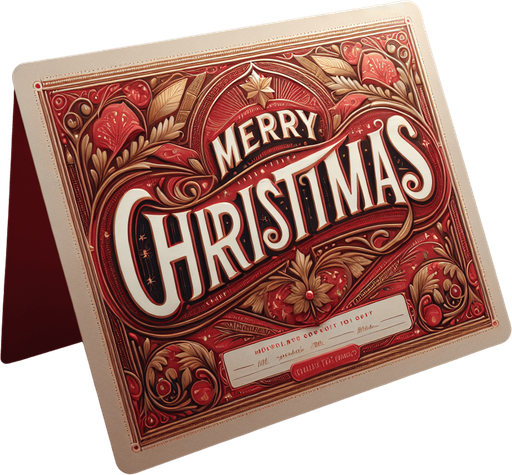 photorealistic red and gold standing and opened postcard with Merry Christmas text
