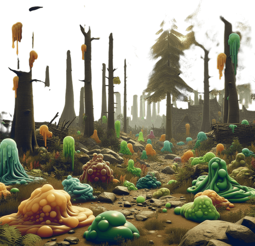 Fullscreen medieval landscape banner, 16:9, high definition, for a game titled "Slime Bestiary". Medieval forest with multiple colored slimes. No text on banner!