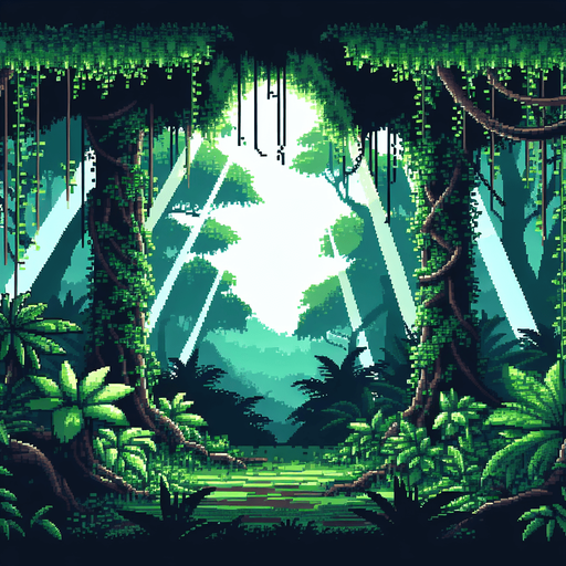 a jungle with light streaming in from above, pixel art

Single Game Texture. In-Game asset. 2d. Blank background. High contrast. No shadows.
