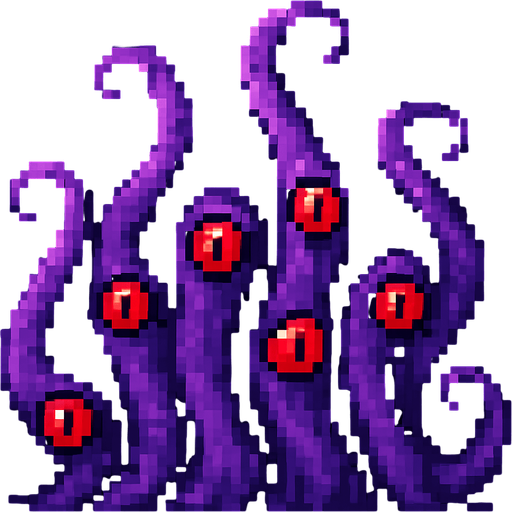 Purple tentacles pixel art and red eyes 2d.
In-Game asset.  2d.  High contrast.  No shadows