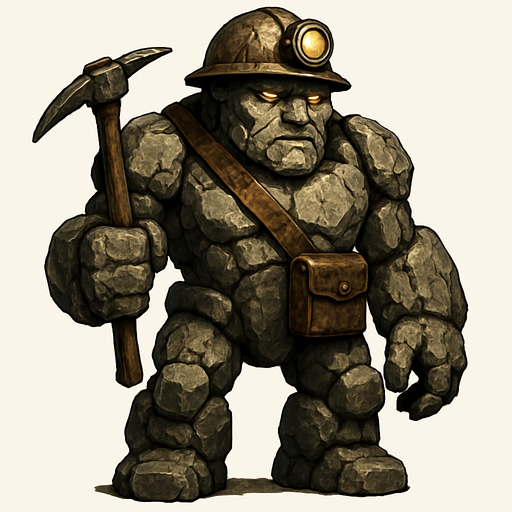 un golem de piedra que parezca un minero y que se vea ultra realista.
In-Game asset.  2d.  High contrast.  No shadows