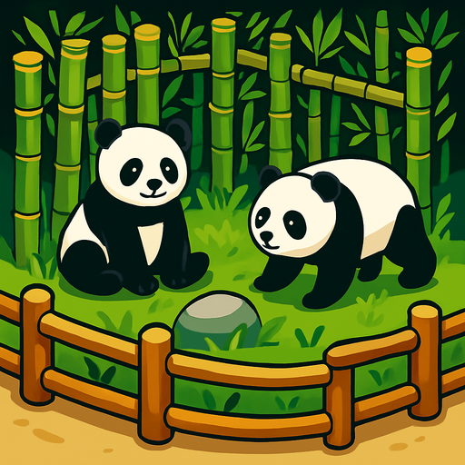 Bamboo zoo enclosure with two panda.
In-Game asset.  2d.  High contrast.  No shadows