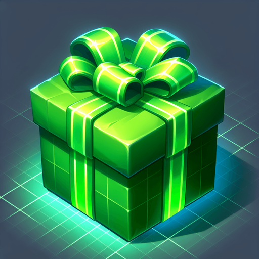 Christmas gift beautifully wrapped in green glowing wrapping paper Single Game Texture. In-Game asset. 2d. Blank background. High contrast. No shadows.
