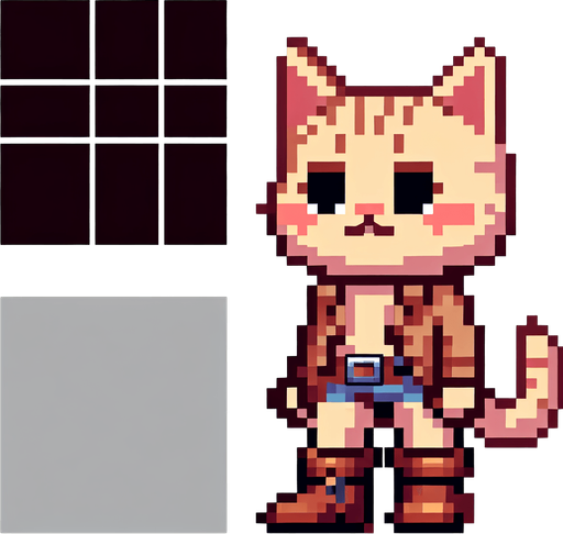 Çizmeli kedi pixel art.
Single Game Texture.  In-Game asset.  2d.  Blank background.  High contrast.  No shadows