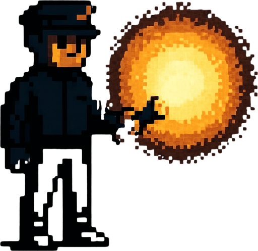 Guardia completamente negro con linterna iluminando con un circulo de aura pixelart.
In-Game asset.  2d.  High contrast.  No shadows