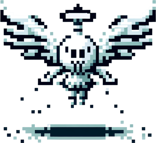 8-bit. cartoon. front view. flying final boss. white. Single Game Texture. In-Game asset. 2d. Blank background. High contrast. No shadows.