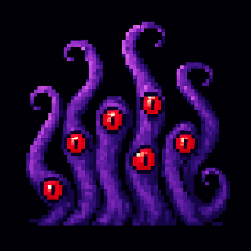 Purple tentacles pixel art and red eyes 2d.
In-Game asset.  2d.  High contrast.  No shadows