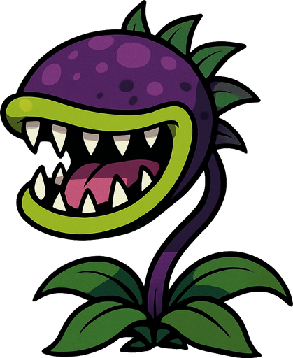 Planta Carnívora con una cabeza grande y ovalada de color púrpura oscuro, salpicada con manchas más claras del mismo tono. Su boca es enorme, bordeada por un labio verde lima y llena de dientes blancos y afilados. Dentro de su boca, se ve una lengua rosada y una garganta oscura. Un tallo delgado y púrpura sostiene la cabeza, y en su base, tiene varias hojas verdes que se curvan hacia abajo. Pequeñas hojas puntiagudas también brotan de la parte superior y trasera de su cabeza..
In-Game asset.  2d.  High contrast.  No shadows