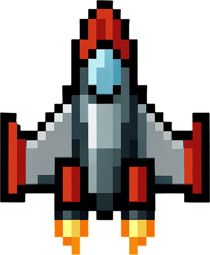 Top down 2d pixilated spaceship.
In-Game asset.  2d.  High contrast.  No shadows