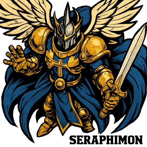 Seraphimon, visto desde arriba, calidad y detalles altamente épicos, Digimon.
In-Game asset.  2d.  High contrast.  No shadows