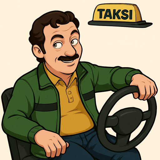 akasya durağından Sinan taxi sürüyor. image of a driver Sinan, depicted in a 3/4 view. The driver should be leaning back casually and look right, , with one hand on the wheel as if driving. Single Game Texture. In-Game asset. 2d. Blank background. High contrast. No shadows. It should look like sinan in akasya duragı and looks mischef.
In-Game asset.  2d.  High contrast.  No shadows