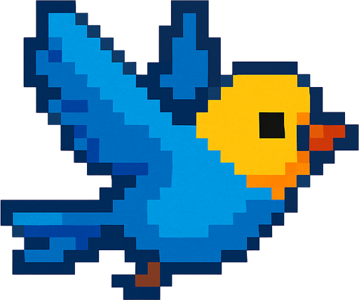 pxel art sarı kafalı mavi uçar pozisyonda bir kuş.
Single Game Texture. In-Game asset. 2d. Blank background. High contrast. No shadows.