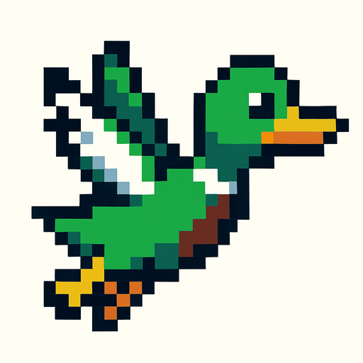 pixart green duck flying.
In-Game asset.  2d.  High contrast.  No shadows