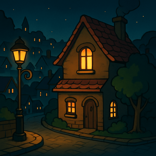 Create a detailed visual description or conceptual overview of a town at nighttime, featuring a house with a light on. The style should emulate the aesthetic and atmosphere typical of the Professor Layton game series, characterized by a charming, slightly whimsical, and puzzle-adventure ambiance with warm, inviting lighting and intricate, storybook-like details.

# Steps

1. Begin by envisioning a quaint town at night, with subdued lighting and a peaceful, mysterious aura.
2. Highlight a single house with a light on in a window, symbolizing activity or a story element.
3. Incorporate elements characteristic of the Professor Layton style: warm color palettes, soft glows, gently stylized architecture, and intricate details reminiscent of handcrafted illustrations.
4. Emphasize atmosphere — combine tranquility with a hint of intrigue suitable for an adventure puzzle setting.
5. Optionally, include natural elements like trees or lampposts that match the game's stylistic choices..
In-Game asset.  2d.  High contrast.  No shadows