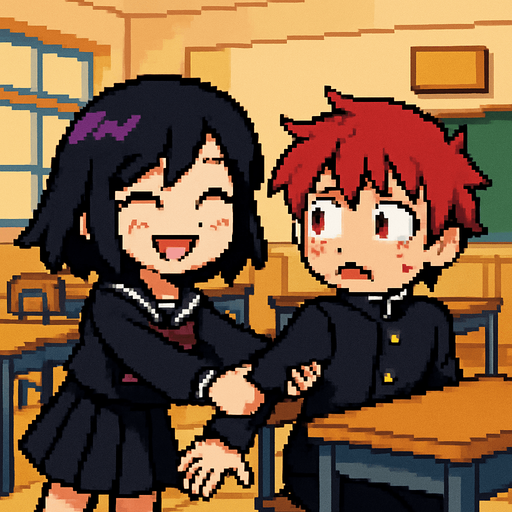 In pixel art style, a cute anime-style girl with an emo aesthetic, striking purple eyes, and a Japanese school uniform (sailor fuku) suddenly pulls the hand of a shy red-haired boy with red eyes, who is wearing a gakuran and sitting in front of a rectangular desk. She smiles brightly with her eyes closed as she yanks him toward her, pulling him out of his seat. The boy looks confused and nervous, flustered by the sudden physical contact. In the background, a typical Japanese classroom can be seen.