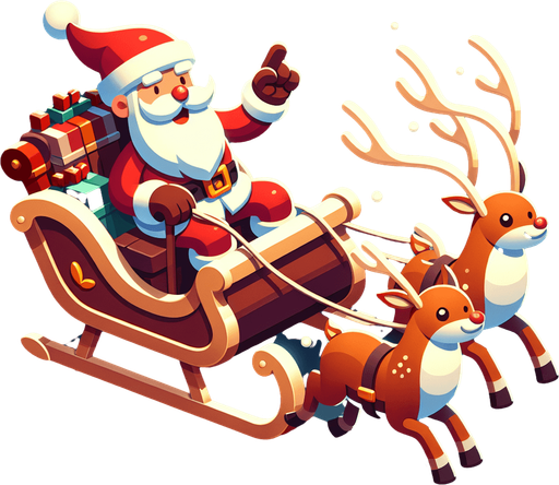 Provile view of Santa clauss in his sleigh with reindeer, smiling and making a sign with his hand game Asset. High contrast. No shadows.