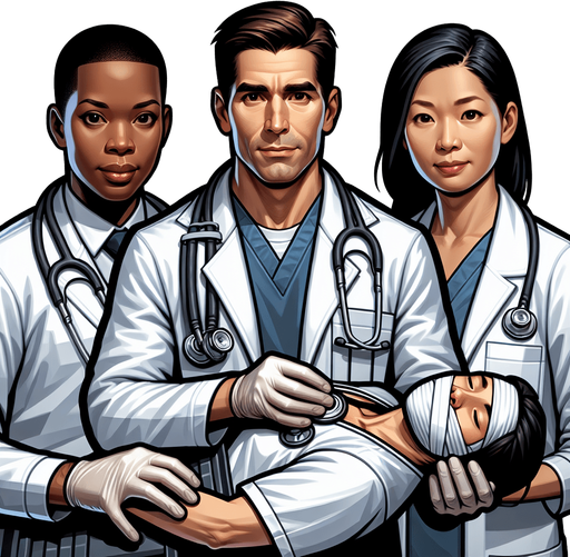 An image of doctors saving a person from an emergency situation.
Single Game Texture. In-Game asset. 2d. Blank background. High contrast. No shadows.