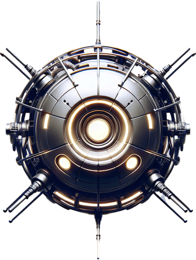 Top-down view of a floating mechanical robot with a circular body. Thin, robotic arms extend outward, metallic and glowing. The head is small with glowing eyes. Strictly top-down view, no perspective or angle. Clean and detailed for 2D gameplay.
Single Game Texture. In-Game asset. Top-down view. No shadows. 2D style. High contrast. Blank background.