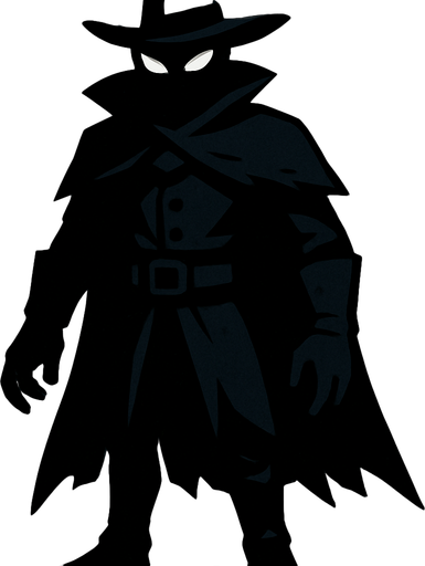 kılıçsız karanlık ve gizemli insansı bir kahraman şapkalı ve tüm vücudu görünüyor.
In-Game asset.  2d.  High contrast.  No shadows