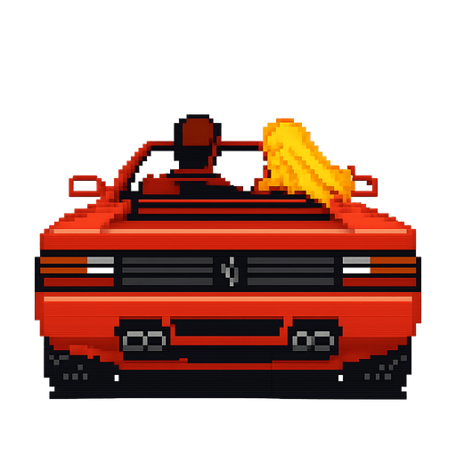 The red car from Out Run, the retro arcade game, vertical, lookip up, pixel. There should be a man driver and a lady with blond hair on the copilot seat
In-Game asset.  2d.  High contrast.  No shadows