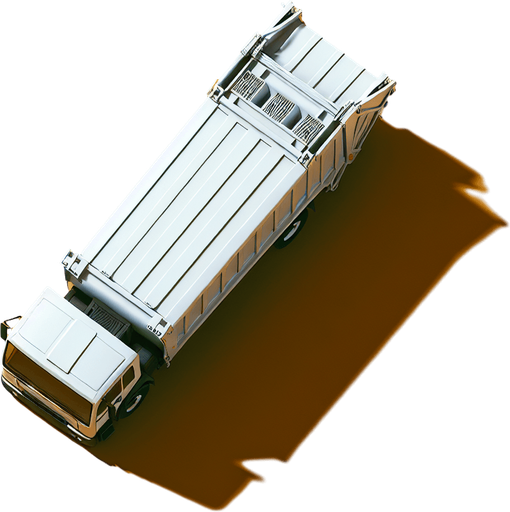 Zenith view of a white rectangular Harvester shape of a garbage truck with a triangular head.
Zenith view. Directly overhead. Plumb view.