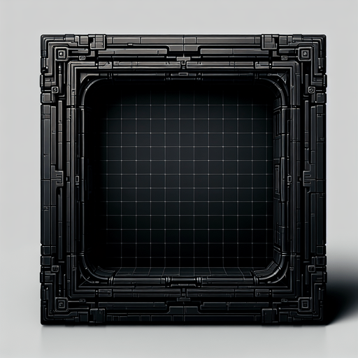 Empty futuristic black application window box..
Single Game Texture. In-Game asset. 2d. Blank background. High contrast. No shadows.