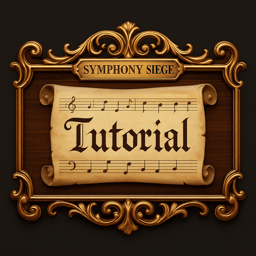 Diseña un botón visual para un videojuego llamado Symphony Siege, destinado a la opción "Tutorial". El estilo debe ser coherente con una interfaz inspirada en una sala de conciertos clásica: elegante, musical y refinada. El botón debe incluir la palabra "Tutorial" centrada, usando una tipografía manuscrita o de partitura antigua, legible y estilizada. El fondo puede simular una partitura enrollada, una tablilla de madera pulida o una tecla de piano estirada horizontalmente. El contorno del botón debe tener detalles ornamentales dorados o cobrizos, evocando la estética barroca o sinfónica. El tono general debe ser acogedor y educativo, sin perder la elegancia musical.
In-Game asset.  2d.  High contrast.  No shadows