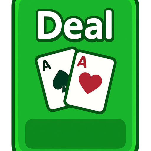 A rectangular green button with 2:3 ratio. Rounded corners. The word ‘Deal’ at top with a couple of small playing cards underneath. Blank area at the bottom. 
In-Game asset.  2d.  High contrast.  No shadows
