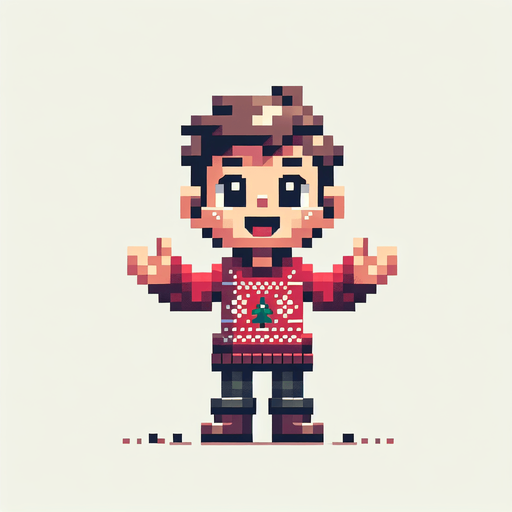 excited kid seen from the front, holding both of his hands extended upwards expecting to catch.looking upward. dressed for Christmas. Single Game Texture. In-Game asset. 2d. Blank background. High contrast. No shadows. pixelated. 8 bit
