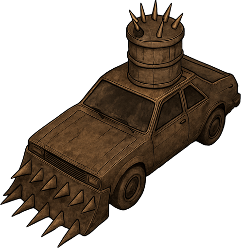 A Mad Max style car will be old and will have a metal spiked plate on the front and will have a top view of the car