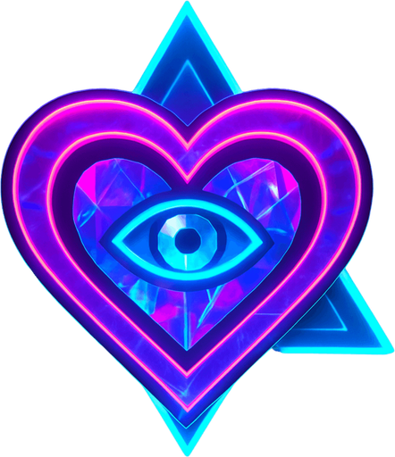 Neon cyberpunk mobile game button magic gemstone crystal sigil eyeball heart triangle topdown flat 3d 2d hologram futuristic glowing occult chic