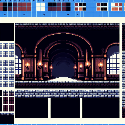 8 bit image dark castle corridor cartoon style.
Single Game Texture.  In-Game asset.  2d.  Blank background.  High contrast.  No shadows