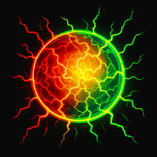 An solid plasma ball of electrical force emanating power filled with reds yellows and green electric power.
In-Game asset.  2d.  High contrast.  No shadows