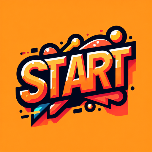 a orange SVG with big bold letters, that says start. a couple color feathers flying of the edge of the word.
Single Game Texture.  In-Game asset.  2d.  Blank background.  High contrast.  No shadows