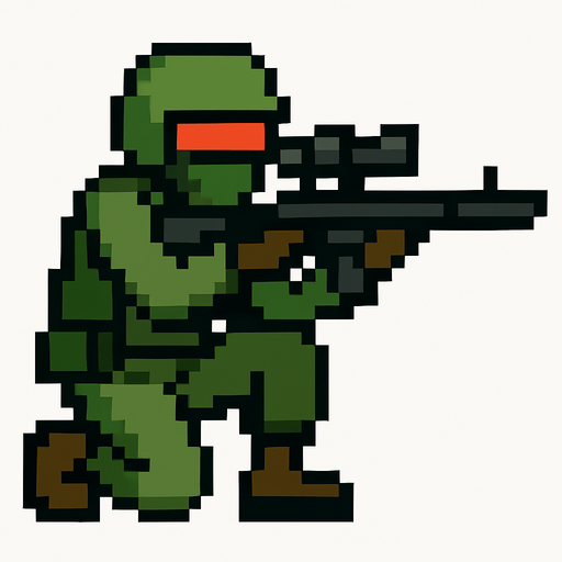 Sniper man pixel style.
In-Game asset.  2d.  High contrast.  No shadows