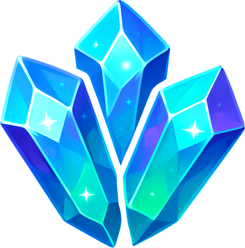 Crea un icono de cristales que represente el recurso mágico y avanzado. Debe ser un pequeño clúster de cristales facetados y brillantes (pueden ser de un solo color dominante o una mezcla sutil de azul, verde y púrpura), vistos directamente desde arriba. La superficie superior debe mostrar los planos de los cristales y un brillo translúcido que sugiera su naturaleza energética..
In-Game asset.  2d.  High contrast.  No shadows