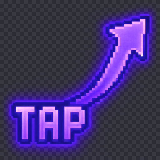 A pixel art arrow starting from a glowing "TAP" label in retro pixel font, pointing diagonally from the bottom right toward the upper left, as if guiding the player to tap that area. The arrow is sleek, with a smooth curve or angled segments, styled in purple or violet neon tones with a soft glow effect. The design matches a lo-fi rhythm game aesthetic. The "TAP" label is positioned at the tail of the arrow and glows subtly. No background — transparent..
In-Game asset.  2d.  High contrast.  No shadows