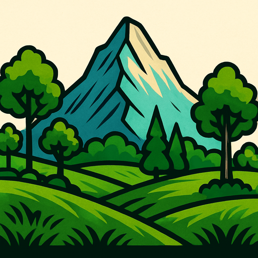 ağaçlı, çimenli dağ..
In-Game asset.  2d.  High contrast.  No shadows