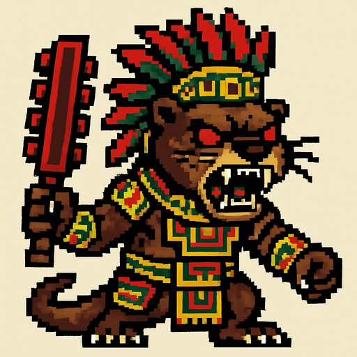Genérame una Nutria Neotropical guerrero azteca con eso patrones, estilo pixelar, con una apariencia maligna, ojos rojos, rabioso. Unidad cuerpo a cuerpo. Animal.
In-Game asset.  2d.  High contrast.  No shadows